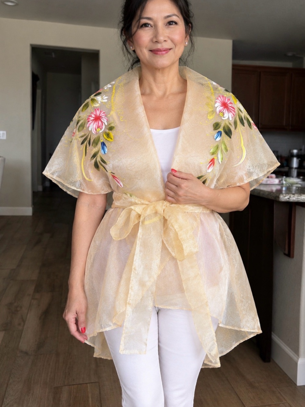 Floral Handpainted Filipiniana Sheer Organza Wrap - Ivory:cream